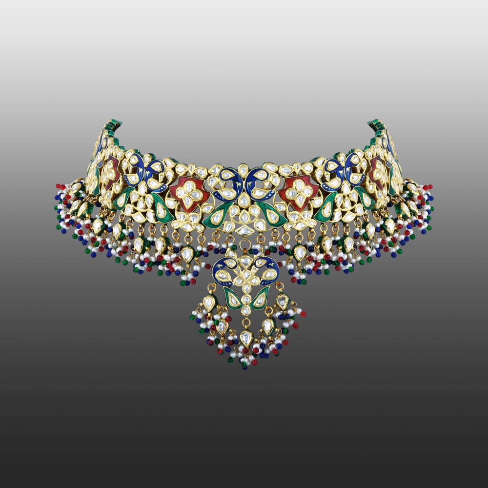 Polki Choker with Multicoloured Enamel and Beads